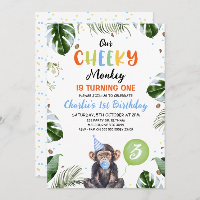 Cute Blue Hat Our Cheeky Monkey 1st Birthday Invitation (Front/Back)