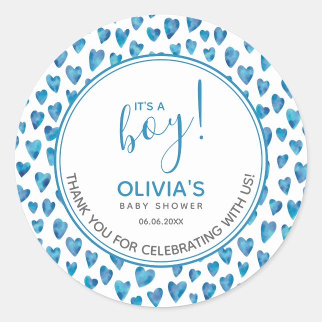 Cute Blue Heart Baby Shower It's A Boy Classic Round Sticker (Front)