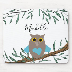 Cute Blue Heart Owl Branch Leaves Name  Mouse Pad