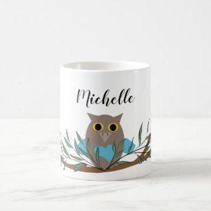 Cute Blue Heart Owl On Branch Personalised  Coffee Mug