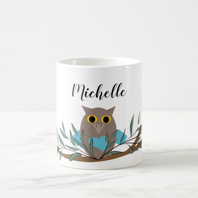 Cute Blue Heart Owl On Branch Personalised  Coffee Mug (Center)