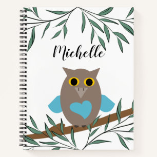 Cute Blue Heart Owl On Branch Personalised Notebook