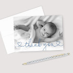 Cute Blue Heart Script Custom Baby Boy Photo Thank You Card<br><div class="desc">Modern and minimal thank you note cards feature a photo of your newborn baby boy with custom sapphire blue (can be modified) Thank You text in an cute heart script font style. Perfect to send as a little note of thanks to friends and family who have given gifts to the...</div>