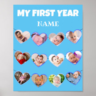 Cute Blue Hearts My First Year 12 Photo Collage Po Poster
