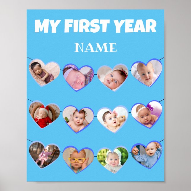 Cute Blue Hearts My First Year 12 Photo Collage Po Poster (Front)