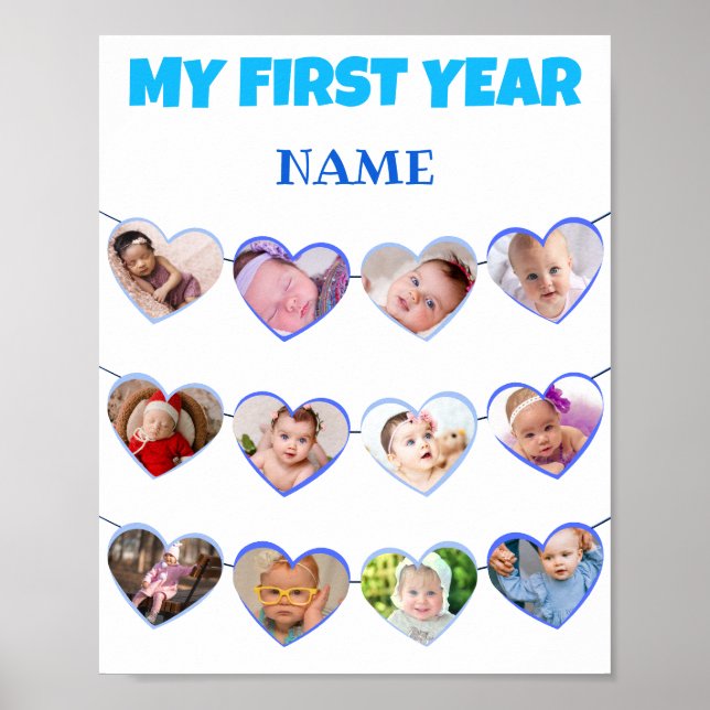 Cute Blue Hearts My First Year 12 Photo Collage Poster (Front)
