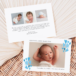 Cute Blue Hearts Photo Birth Announcement