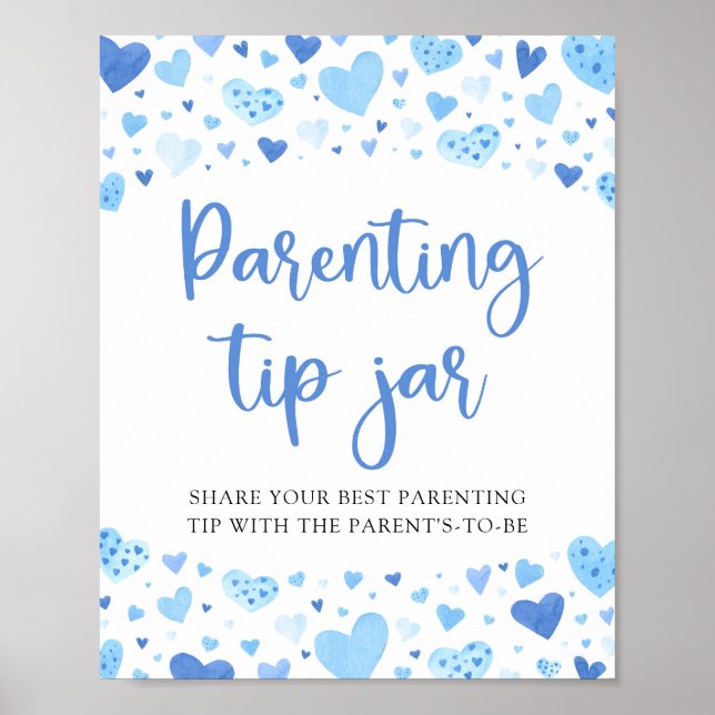 Cute Blue Hearts Valentine Parenting Tip Jar Sign  (Front)