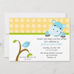 Cute Blue Hippo Birthday Invitation