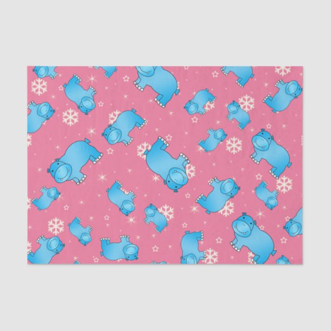 Cute blue hippo christmas pink snowflakes tissue paper (Front)