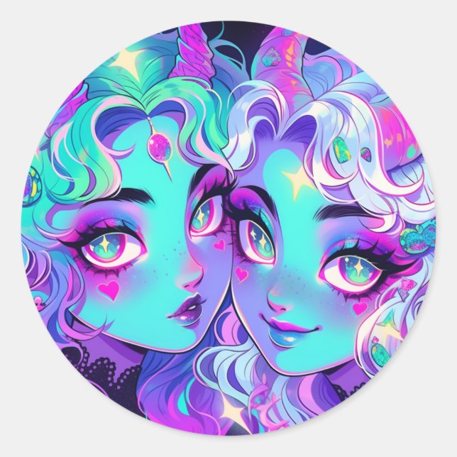 Cute Blue Horned Alien Twins Anime Girls Classic Round Sticker (Front)