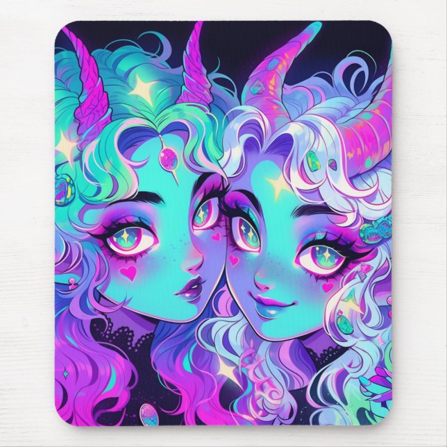 Cute Blue Horned Alien Twins Anime Girls Mouse Pad (Front)