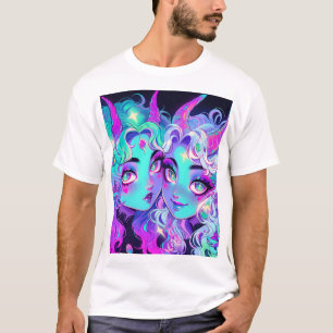 Cute Blue Horned Alien Twins Anime Girls T-Shirt