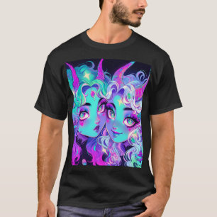 Cute Blue Horned Alien Twins Anime Girls T-Shirt