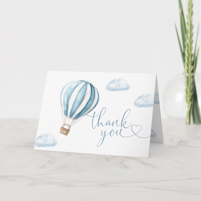Cute Blue Hot Air Balloon Baby Shower Thank You Card (Front)