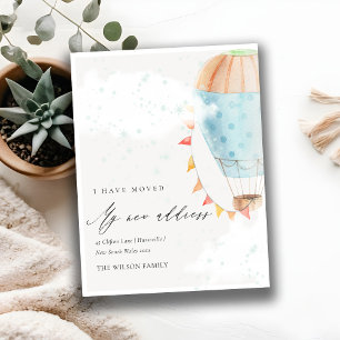 Cute Blue Hot Air Balloon Clouds Star I have Moved Postcard