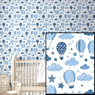 Cute Blue Hot Air Balloons Stars & Clouds on White Wallpaper