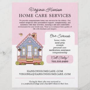 Cute Blue House Caregiver Caretaker Services Pink Flyer