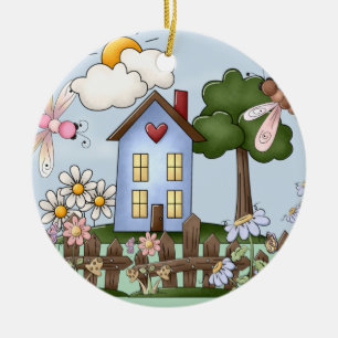 Cute Blue House in the Sunshine Ceramic Ornament