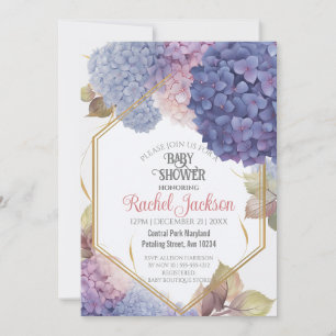Cute Blue Hydrangea Blooms Baby Shower Gold Frame Invitation