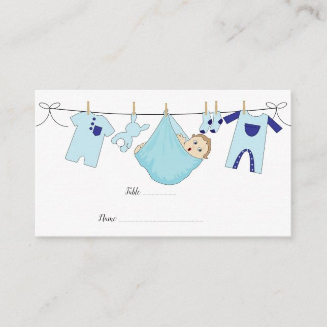 Cute Blue illustration Baby Shower Flat Place Card (Front)
