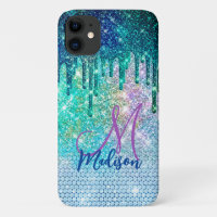 Cute blue iridescent unicorn faux glitter monogram
