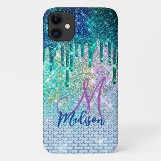 Cute blue iridescent unicorn faux glitter monogram Case-Mate iPhone case (Back)