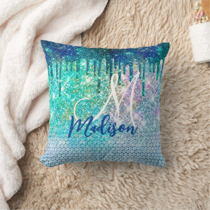 Cute blue iridescent unicorn faux glitter monogram cushion