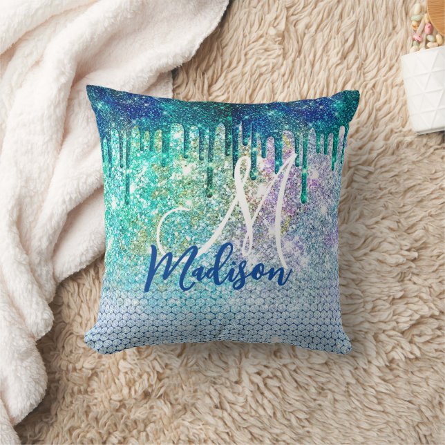 Cute blue iridescent unicorn faux glitter monogram cushion (Blanket)