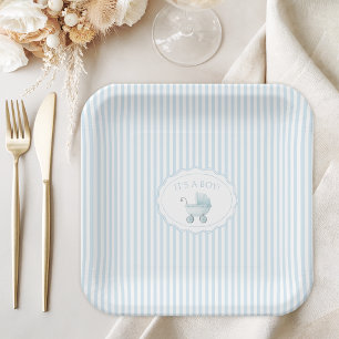 Cute Blue It's a Boy Stroller Baby Shower Paper Plate