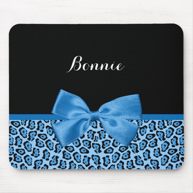 Cute Blue Jaguar Print Bright Blue Ribbon and Name Mouse Pad (Front)