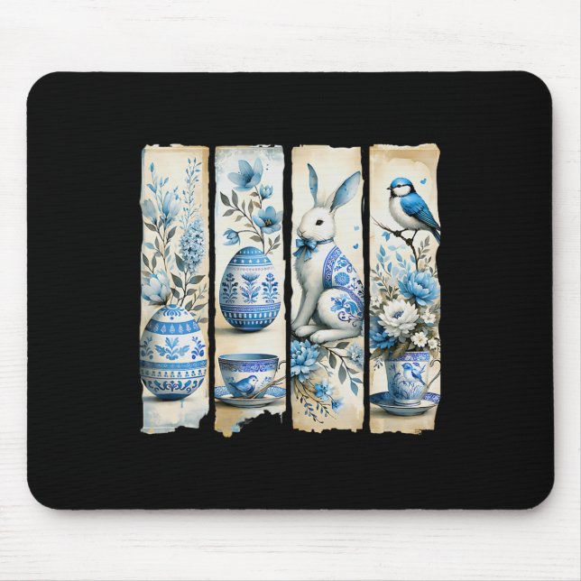 Cute Blue Jay Easter Bunny Eggs Flowers Ripped Pag Mouse Pad (Front)