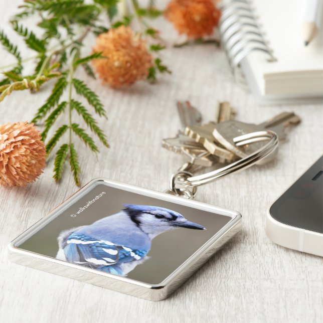 Cute Blue Jay Songbird on Treestump Key Ring (Side)