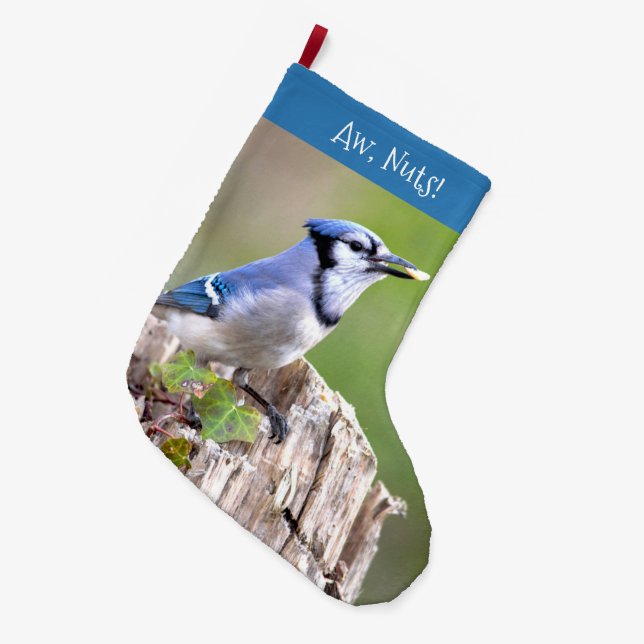 Cute Blue Jay Songbird on Treestump Large Christmas Stocking (Front (Hanging))