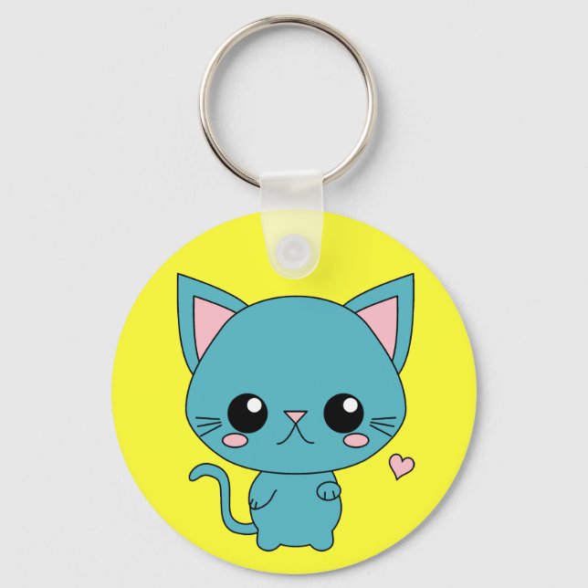 Cute Blue Kawaii Cat Key Ring (Front)