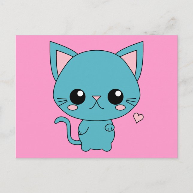 Cute Blue Kawaii Cat Postcard (Front)