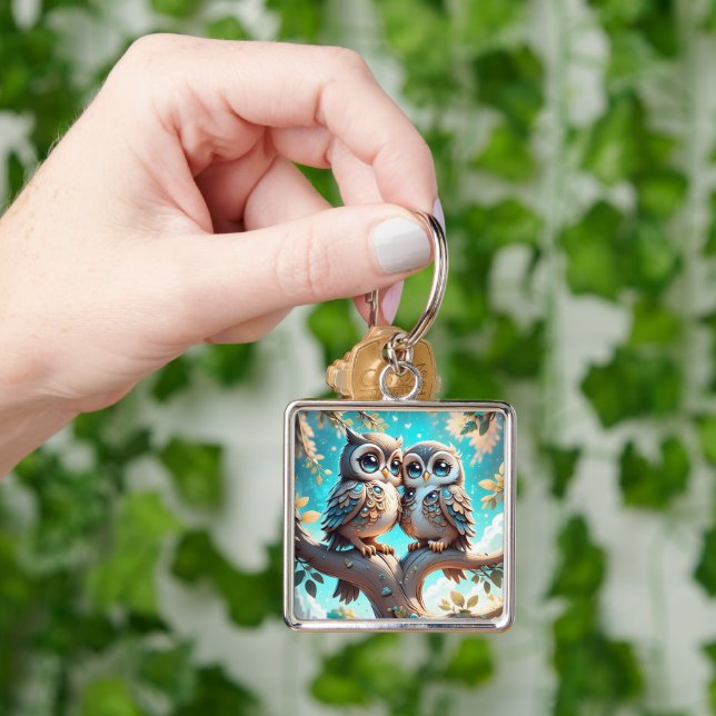 Cute Blue Kawaii Chibi Owls on a Tree Branch Key Ring (Hand)