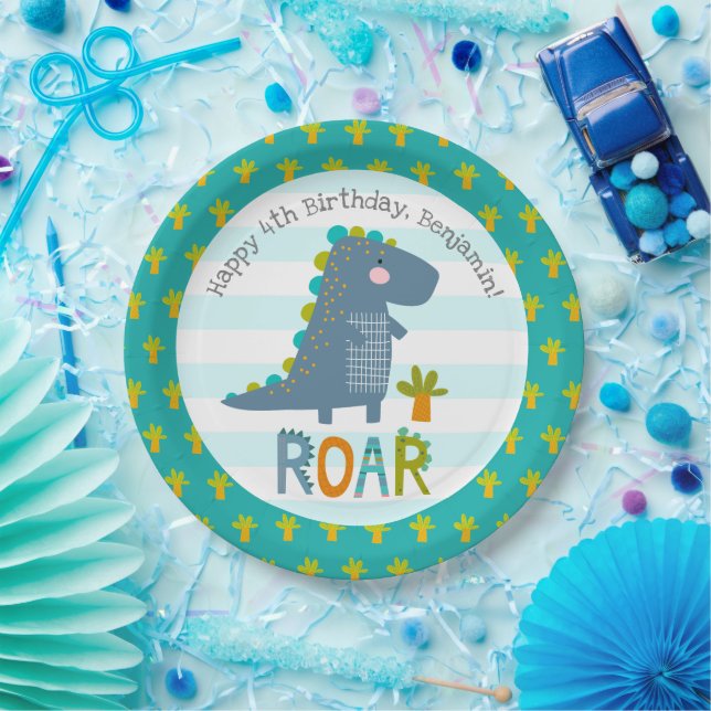 Cute Blue Kawaii Dinosaur Roar Boy Birthday Name Paper Plate (Party)