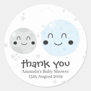 Cute Blue Kawaii Planet and Moons Baby Shower Classic Round Sticker
