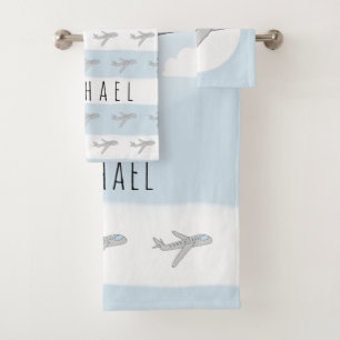 Cute Blue Kids Blue Aeroplane Travel Design & Name Bath Towel Set