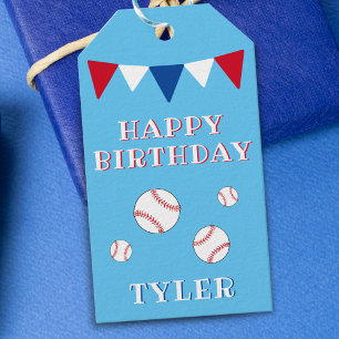 Cute Blue Kids Boy Baseball Birthday Gift Tags