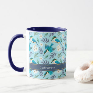Cute Blue Kingfisher Birds Floral Pattern Name Mug