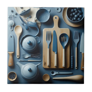 Cute Blue Kitchen Utensils Aesthetic Wallpaper Ceramic Tile