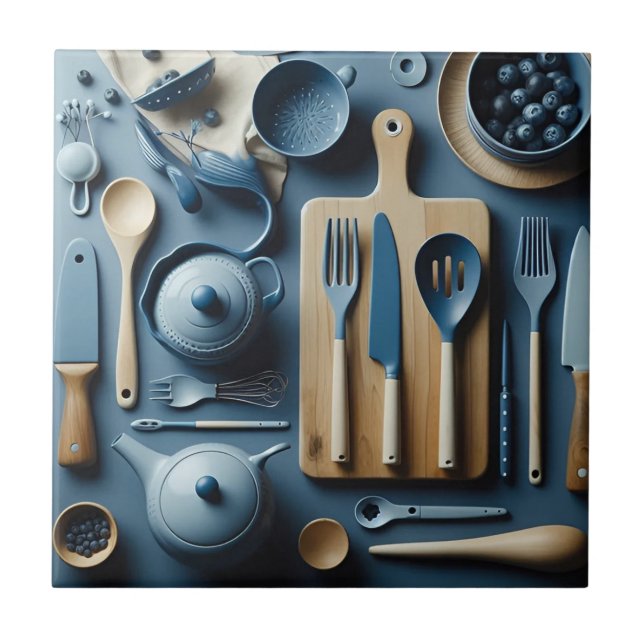 Cute Blue Kitchen Utensils Aesthetic Wallpaper Ceramic Tile (Front)