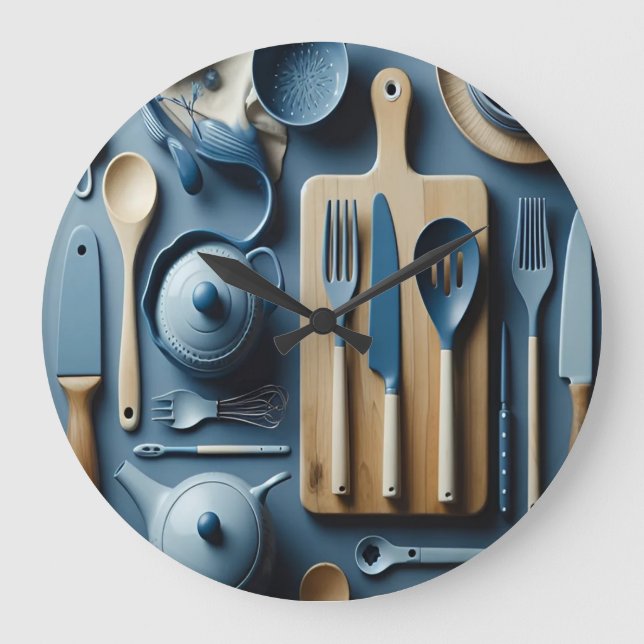 Cute Blue Kitchen Utensils Aesthetic Wallpaper Large Clock (Front)