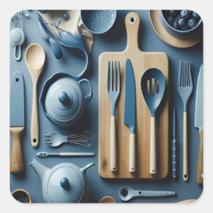 Cute Blue Kitchen Utensils Aesthetic Wallpaper Square Sticker
