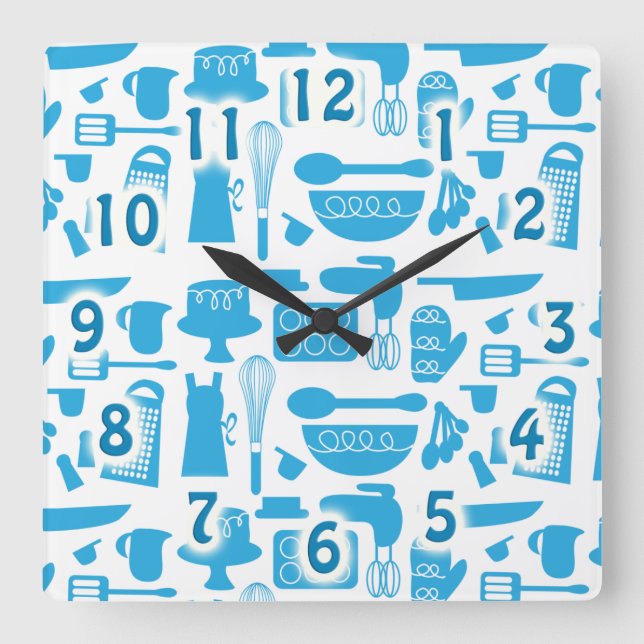 Cute Blue Kitchenware Cooking Tools Pattern Art Square Wall Clock (Front)