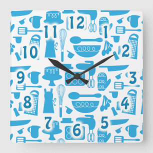 Cute Blue Kitchenware Cooking Tools Pattern Art Square Wall Clock
