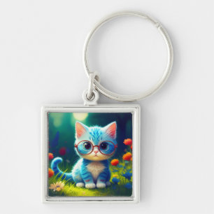 Cute Blue Kitten Wearing Glasses-47067 Key Ring