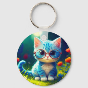 Cute Blue Kitten Wearing Glasses-47067 Key Ring